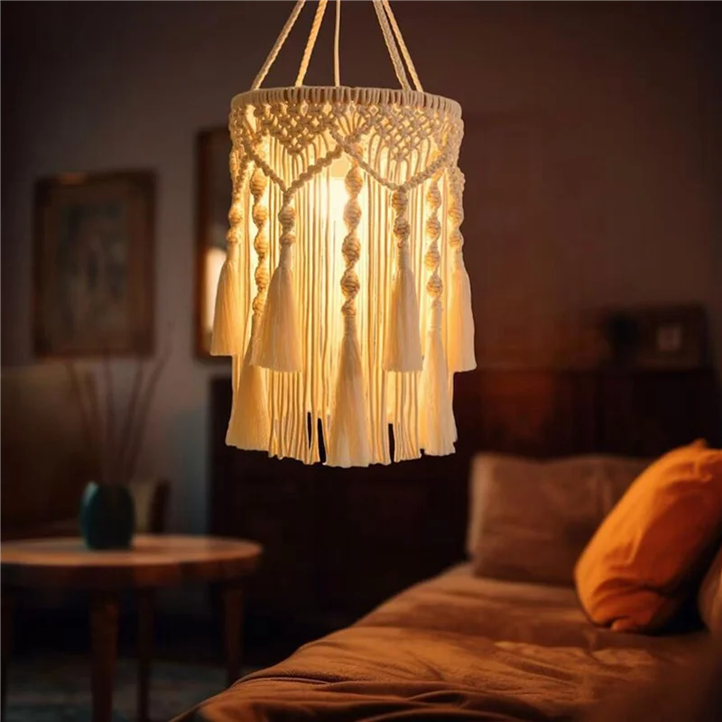 RMWIN-2X Boho Lamp Shade,Boho Hanging Lamp Handmade Macrame Lamp Shade Plug In Pendant Light,Bohemian Hanging Lights