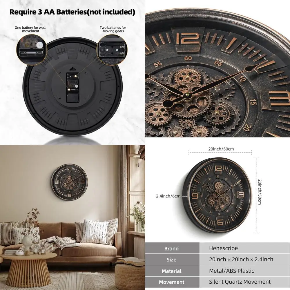 

Vintage-Style Large Wall Clock with Moving Gears, Battery-Powered Decor for Living Room and Home Office, Perfect Gift for Loved