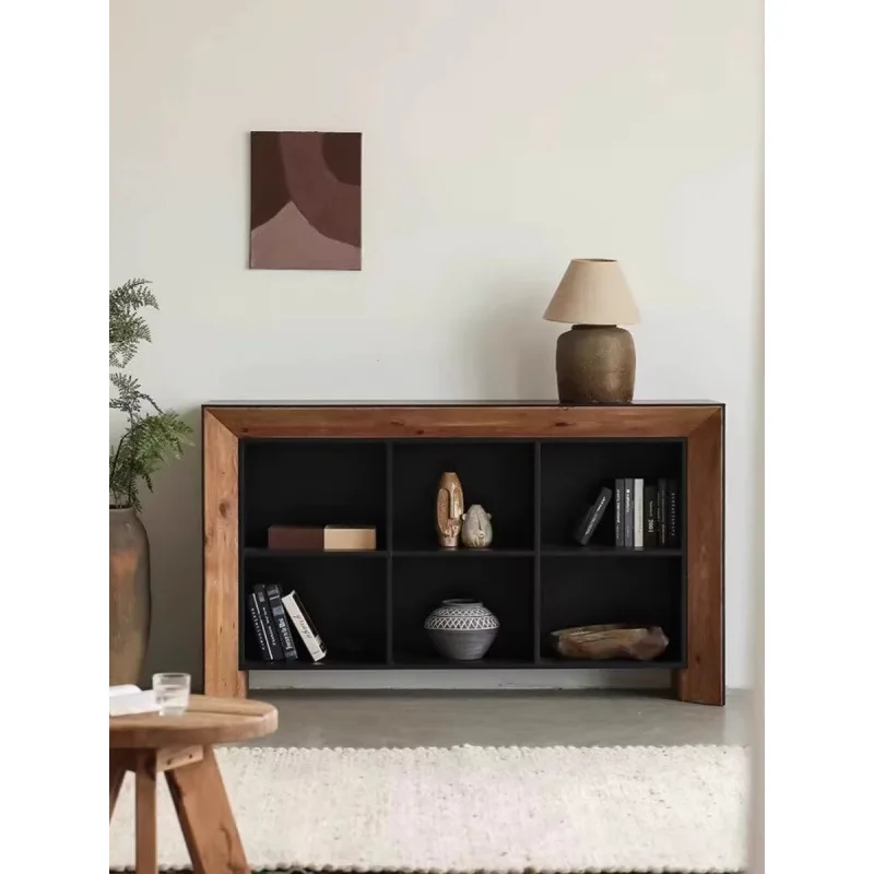 

Black solid wood dining side cabinet retro and old visual six-grid storage cabinet living room entrance fireplace cabinet