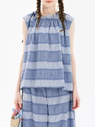 imakokoni 2024 summer niche bubble gauze wrinkled plaid pullover blue striped vest 244712