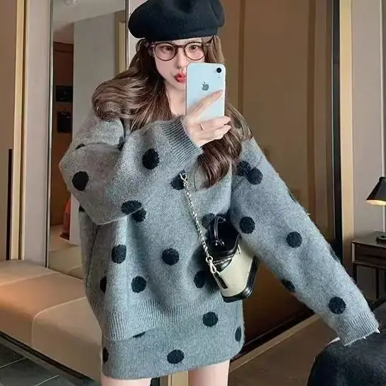 

Korea Two-Piece Set Women Autumn Winter New Polka-Dot Knitted Long-Sleeved Tops Short Skirts Fashionable Casual Commuting