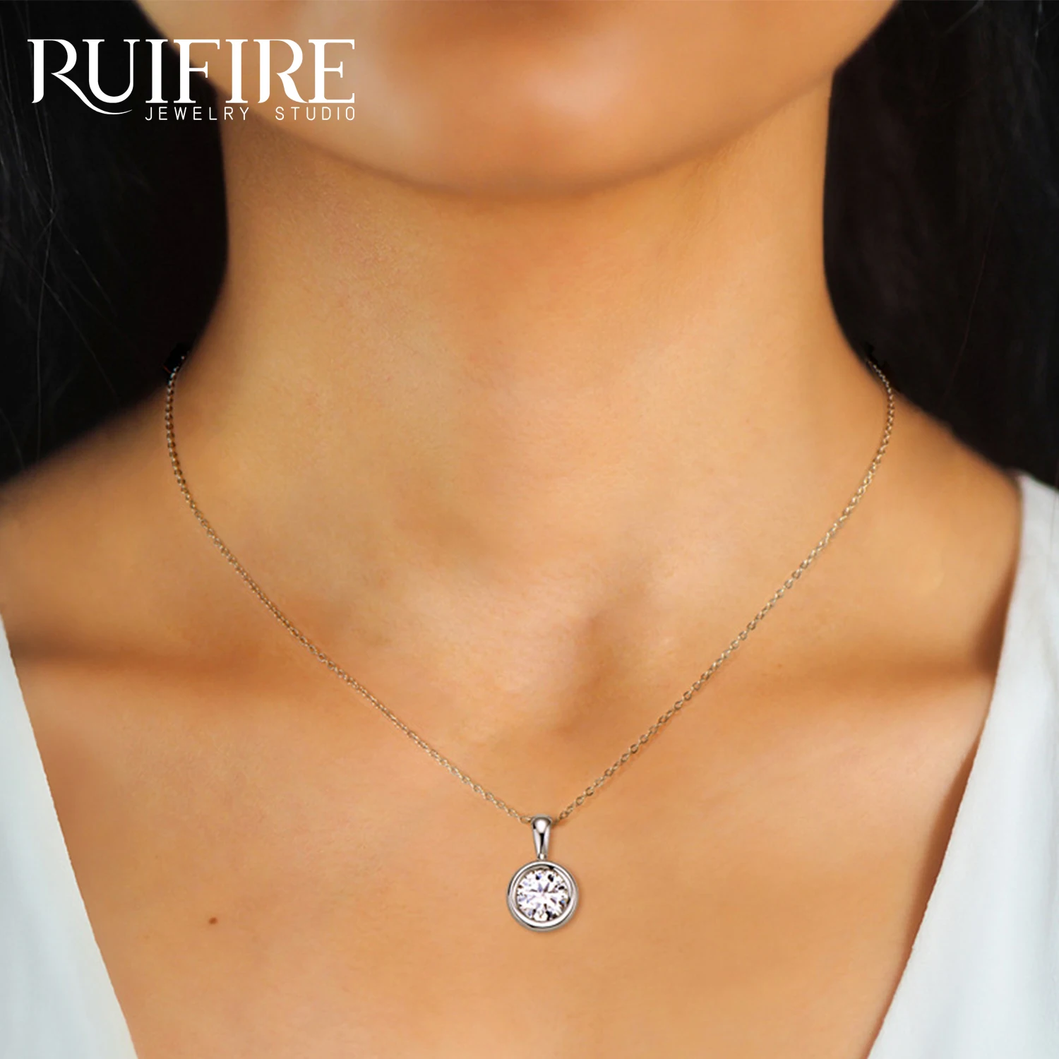 

RUIFIRE 2CT Moissanite Pendant White Gold Plated S925 Sterling Silver Necklace Classic Women Anniversary Party Gift Daily Wear