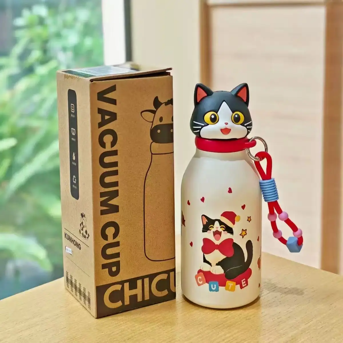 1pc 380ml Milk Insulated Cup, Cartoon Straw Pocket Cup with Hand Strap, Portable Travel Coffee Mug