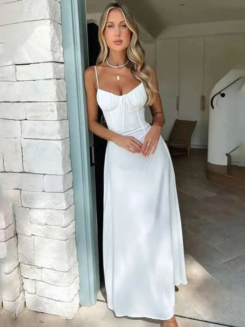Elegant Maxi Long Waist Wrap A-line Dress Women Spaghetti Strap 2025 Spring Summer Dress Backless Sexy Party Dresses XRKG