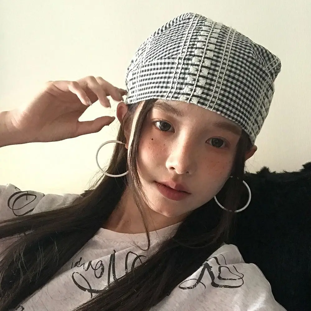

Casual American Headscarf Hat Plaid Spring Summer Strappy Bandana Cap Y2k Wasteland Style Beanie Hats Women Men