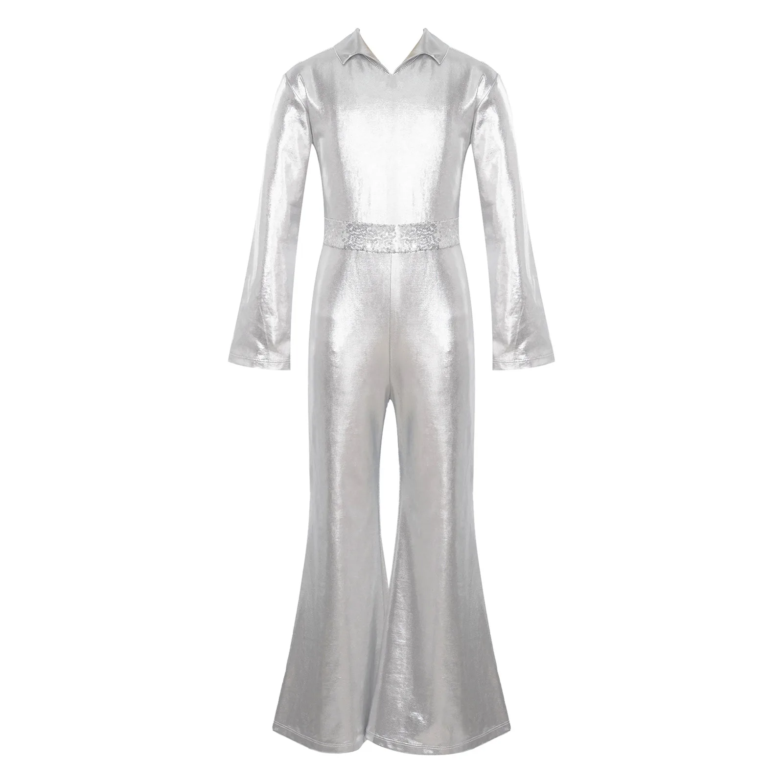 2023 Halloween Kids Boys Girls Disco Dance Jumpsuit Metallic Shiny Long Sleeve Bell-Bottomed Leotard Stage Performance Costumes