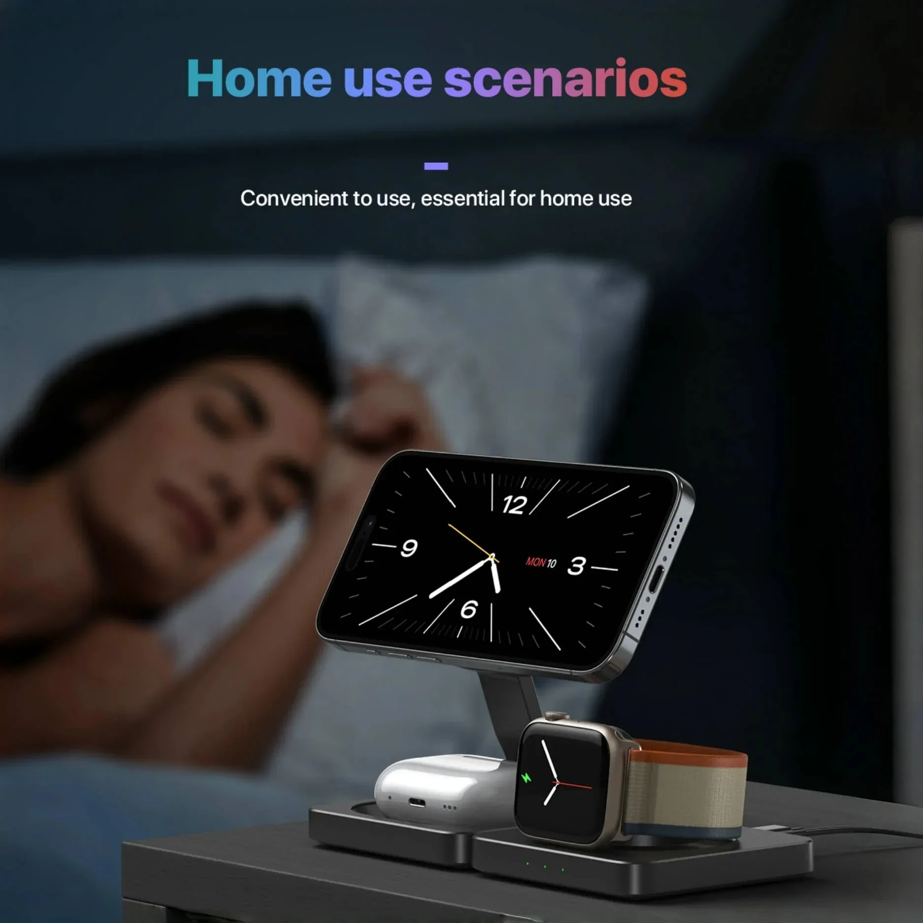 شاحن لاسلكي 3 في 1 قابل للطي شحن سريع لساعة iPhone AirPods Apple Watch بتصميم مدمج آمن