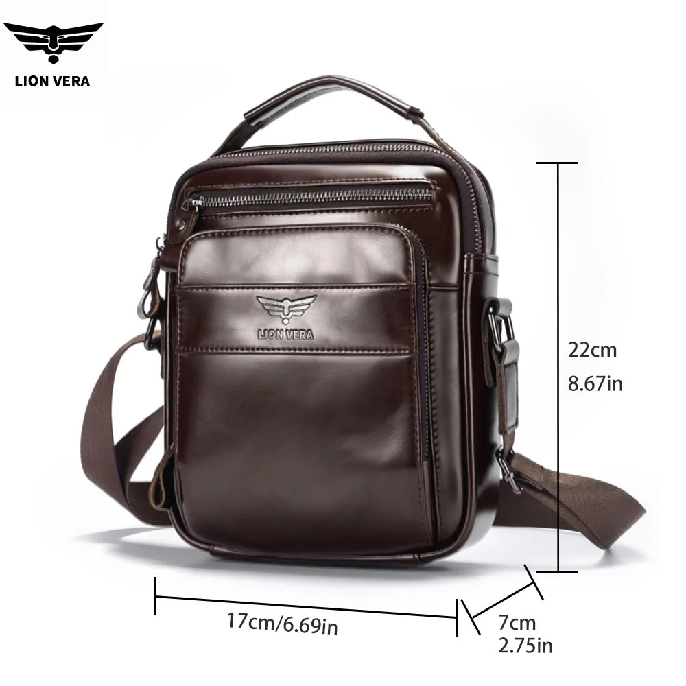 LION VERA Men's Genuine Leather Shoulder Bag Multifunctional 6.7-inch Tablet Handbag Retro Casual Crossbody Bag