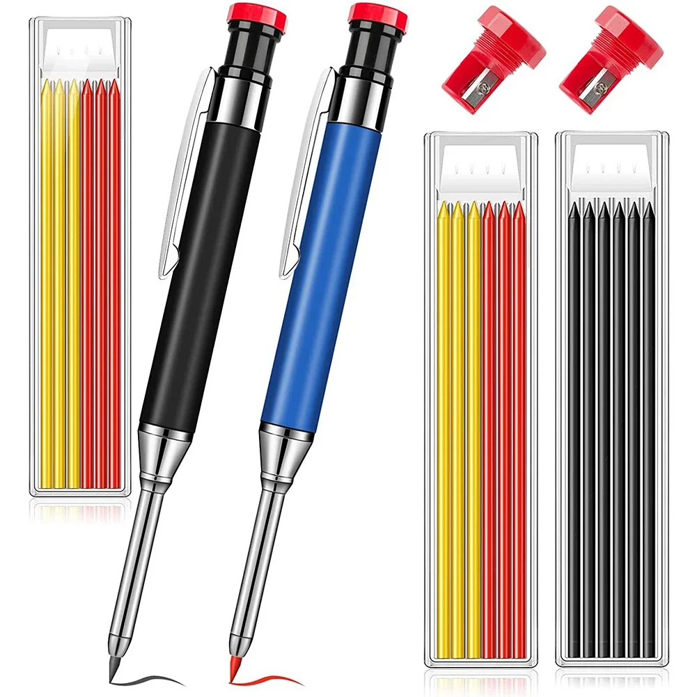 Solid Carpenter Pencil Refill Set Long Nosed Deep Hole Mechanical Pencil Marker Built-in Sharpener For Carpenter Woodworking