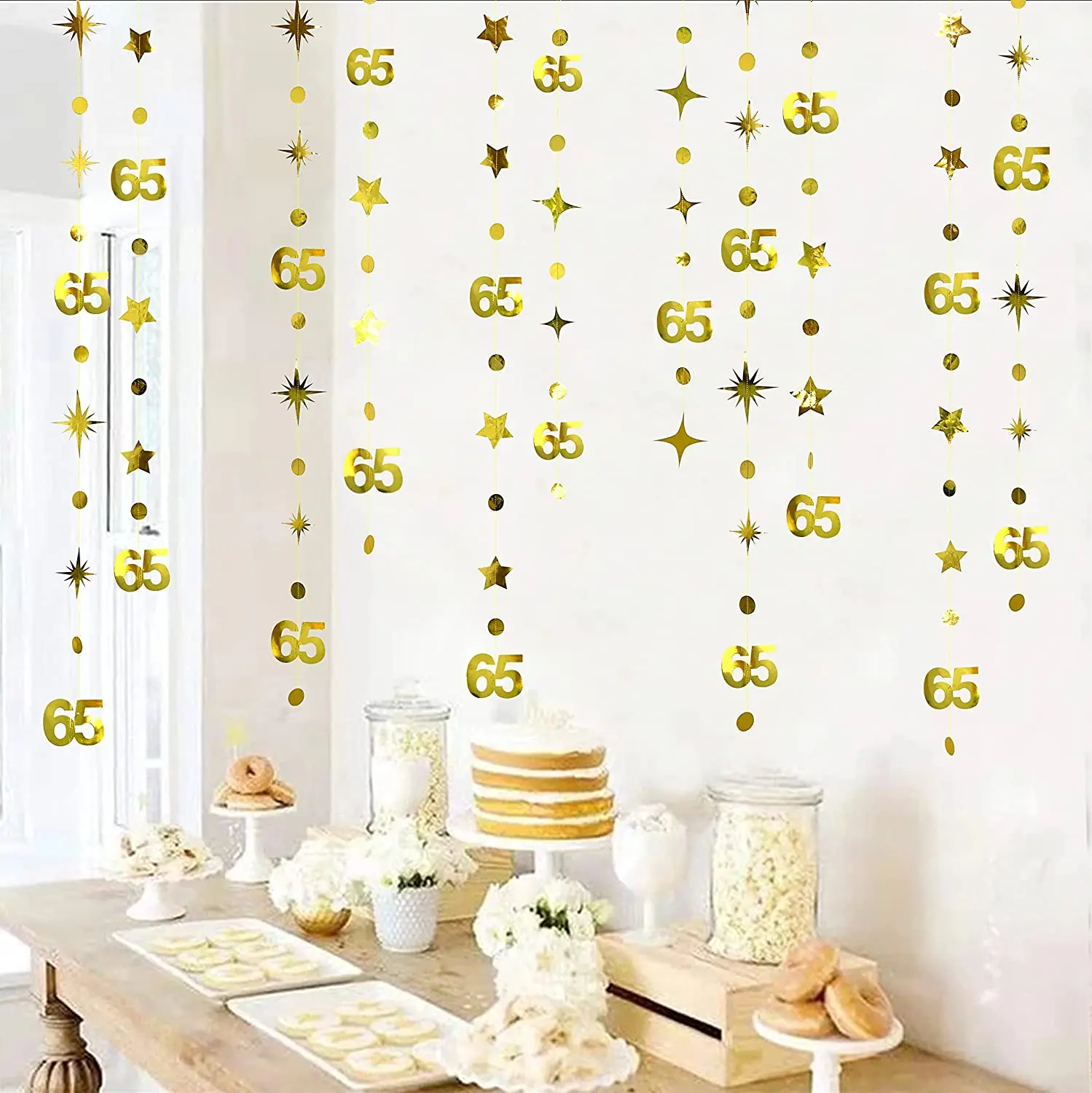 

Gold Happy 65th Birthday Decoration Number 65 Circle Dot Twinkle Star Garland Hanging Streamer Backdrop for 65 Year Old Birthday