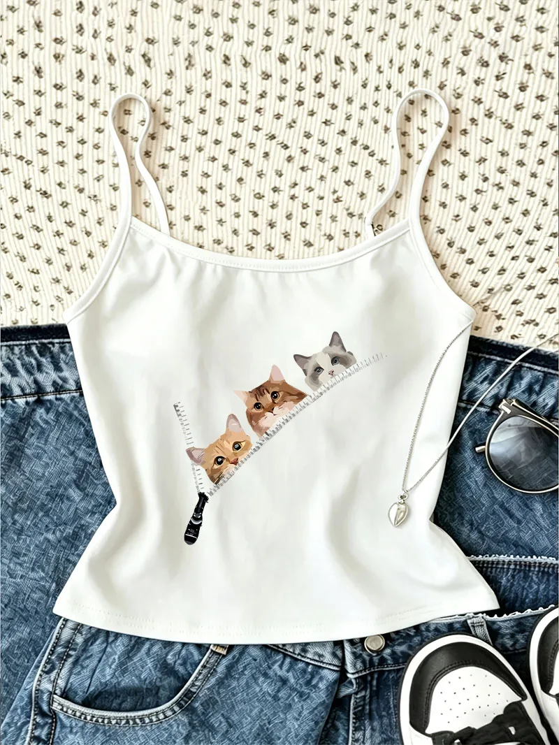 Kawaii Cat Print Women Vest Retro Casual Crop Top Vest Cute Cat Women'S Tank Top Spring Summer 90s Clothes
