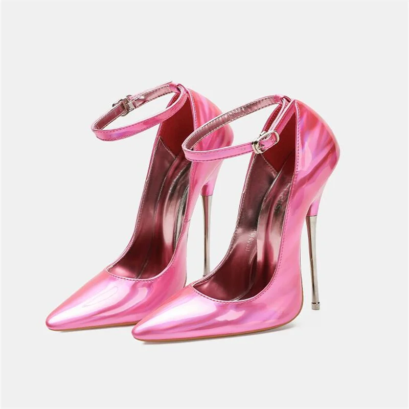 

Women Ankle Strap Metal High Heel Shoes Pointed Toe Pumps for Nightclub Party Banquet Catwalk Pole Dance Princess Cross Dressing