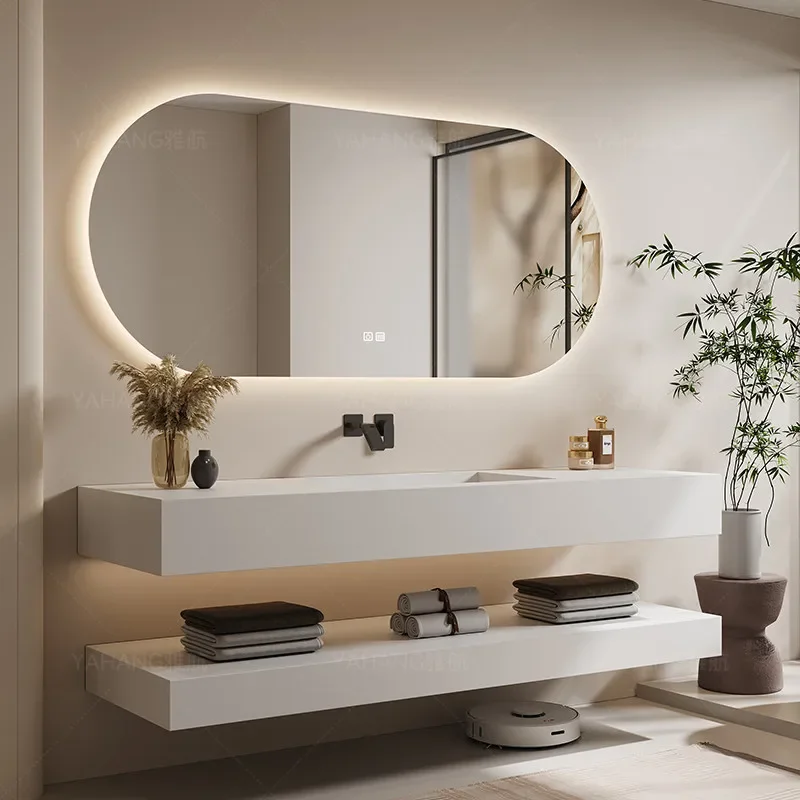 Hi With Light Slanted Basin Bathroom Vanity Set With Integrated Stone Slab Single/Dual Basin Vanity Luxury Bathroom Smart Mirro