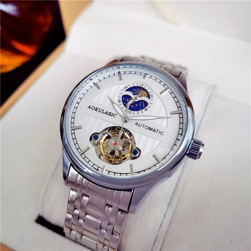 Stainless Steel Moonphase Tourbillon Luminous Waterproof Solid Steel Band Self-Wind Automatic Mechanical Watch for Men
