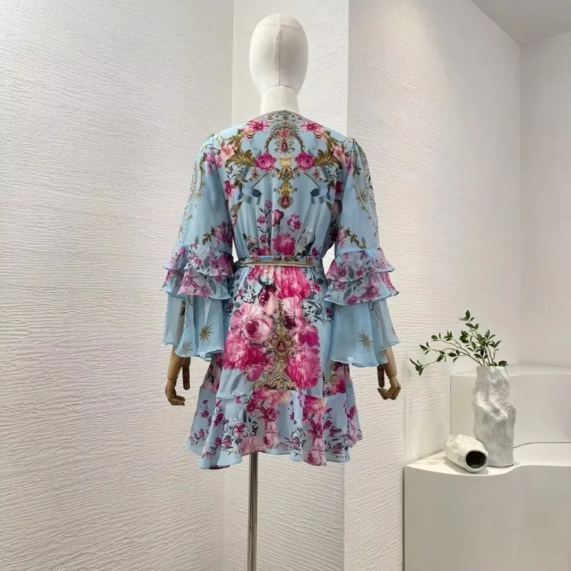 Mini Dress for Women Pure Silk Blue Flower Print Ruffles Diamonds Pressed Long Sleeve V-Neck Wrap High Quality Vintage Style