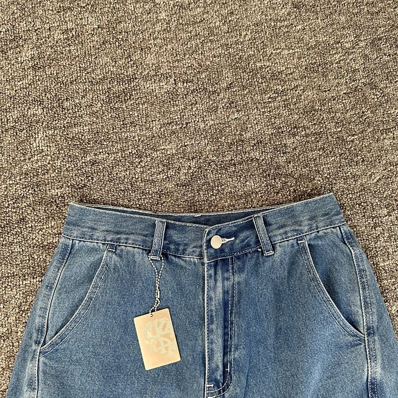 Celana Jeans Pendek Kasual Pria Wanita Model Patchwork Splicing Biru Kualitas Terbaik Bordir Logo Mertra Denim Dengan Label