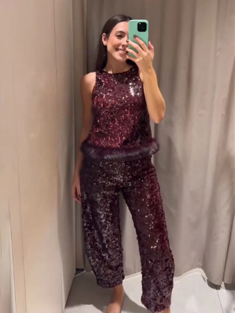 HH Autumn Woman Sequin Decorate O-Neck Sleeveless Artificial Fur Effect Hem Top+Bucket Pants Elastic Waist Elegant 2 Piece Set