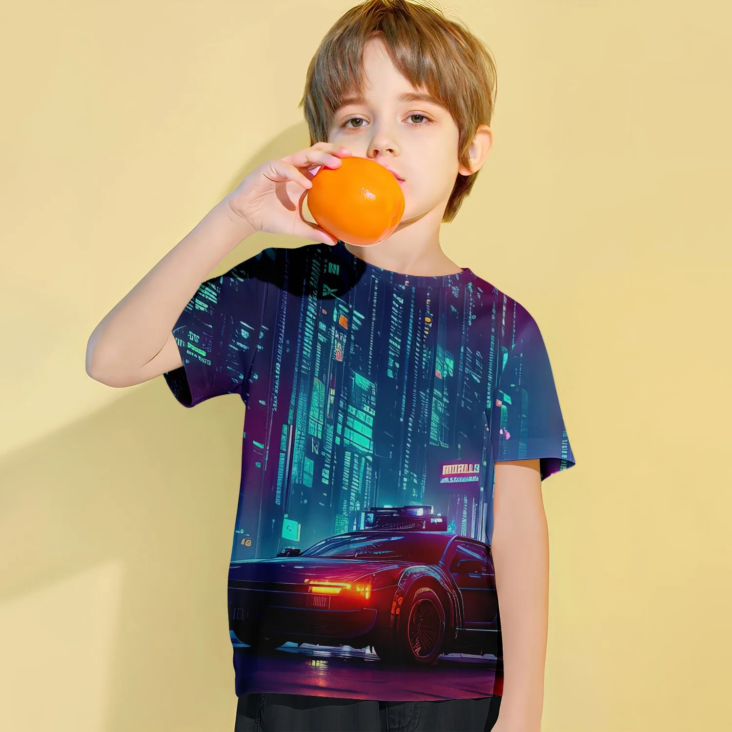 Kids round neck pullover, summer trend, high-quality 3D car printed children's short sleeved T-shirt, comfortable vacation style