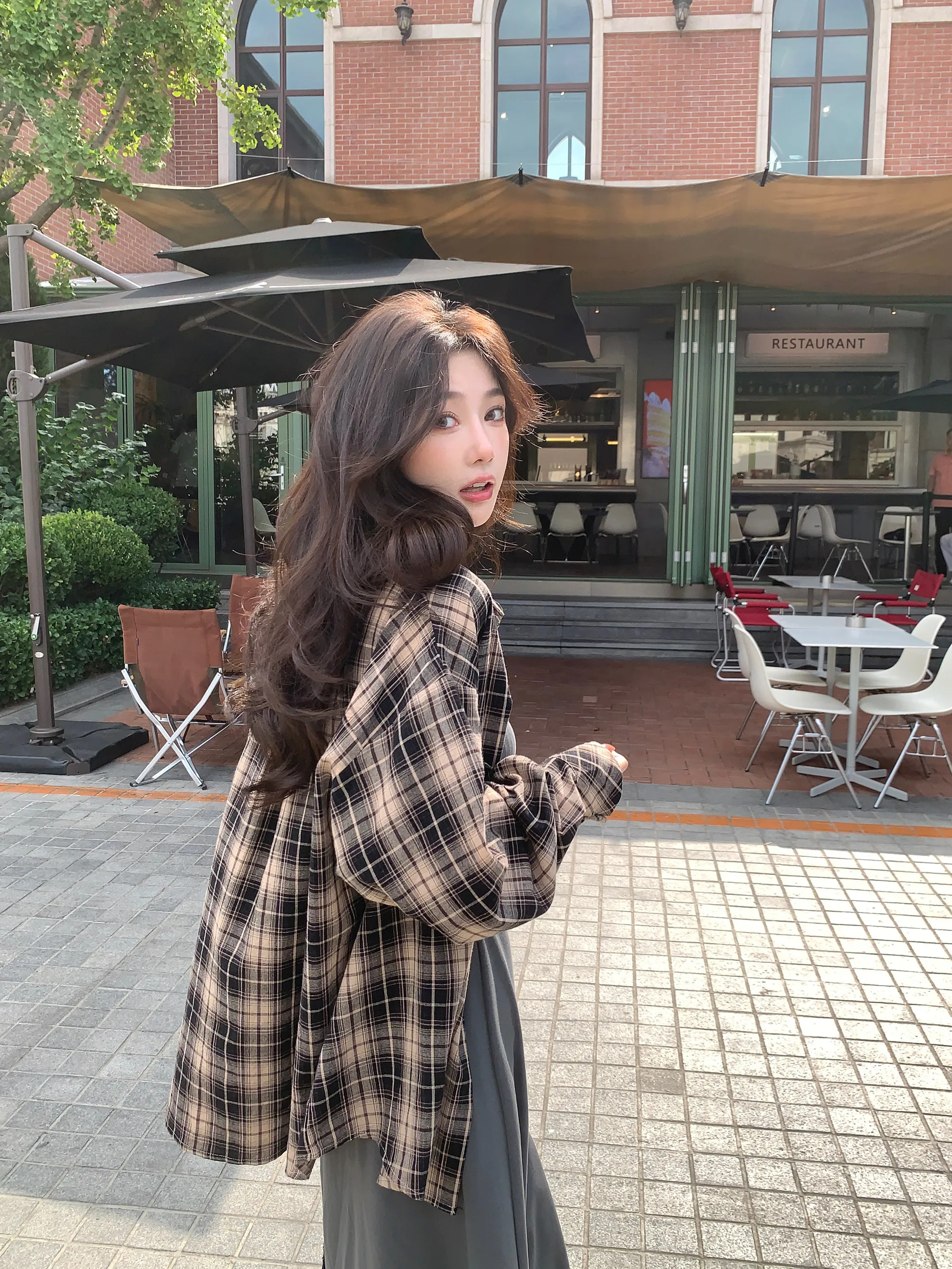 

x Stevens Mella Series Plaid irt Jaet Women's Loose Fit Midi Length Casual Top Breathable Cotton Polyester Blend