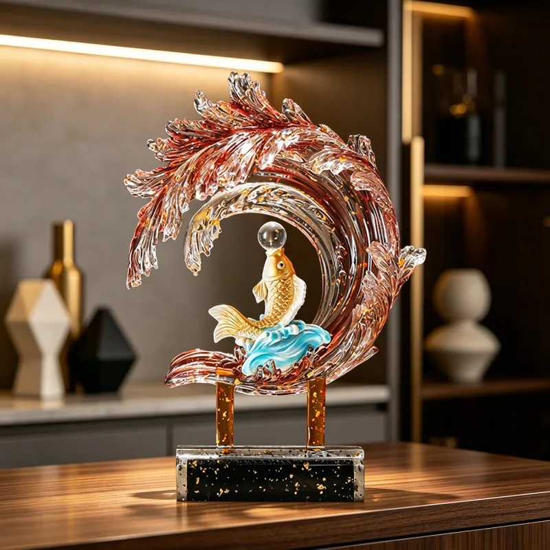 Wind Water Rising Ornaments,Art Fish Sculpture Resin Living Room Entrance Wine Cabinet Desktop Statuette Decorations,Gifts