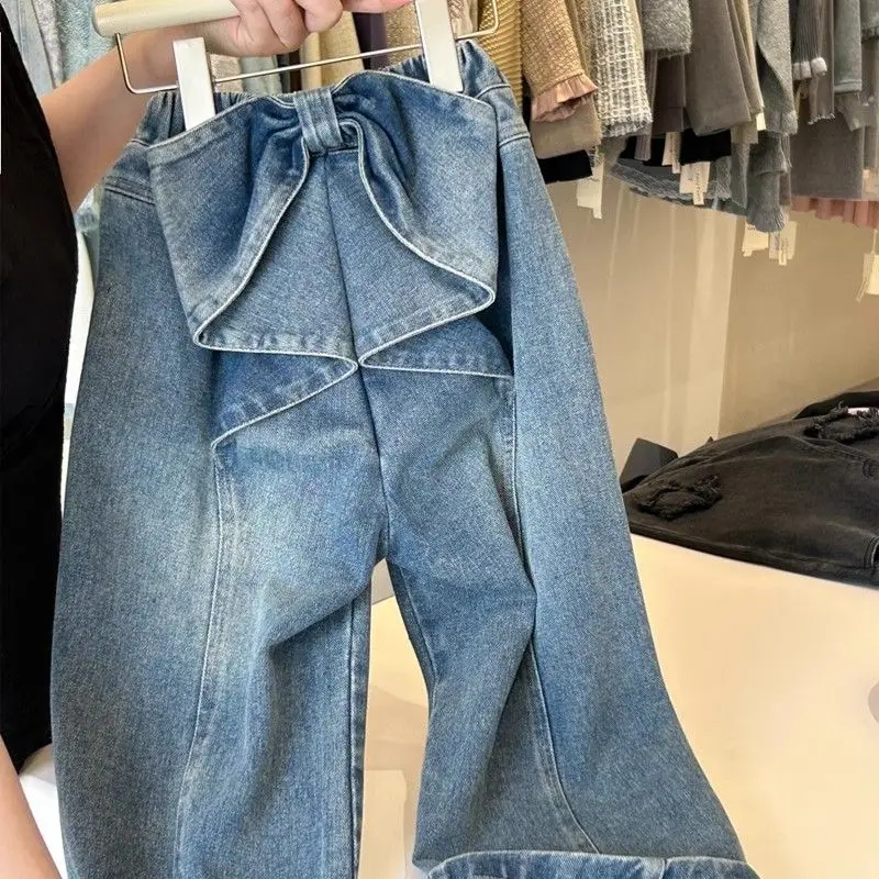 2-12Years Toddler Kids Wide Leg Denim Pants for Girls Cute Loose Jeans with Bow Infant Fall Trousers 2 3 4 5 6 7 8 9 10 11