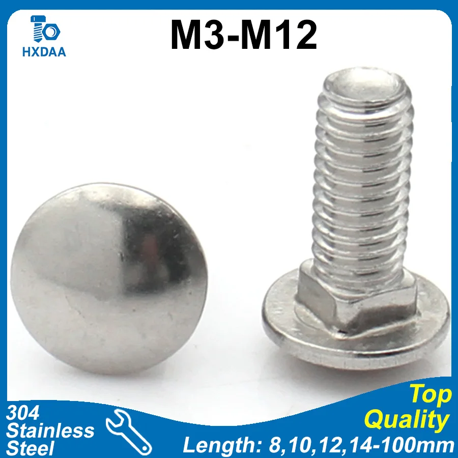 1-10pcs M3 M4 M5 M6 M8 M10 M12 304 Stainless Steel Screws Square Neck Carriage Bolts Dome Head with Anti-Rotation Design DIN 603
