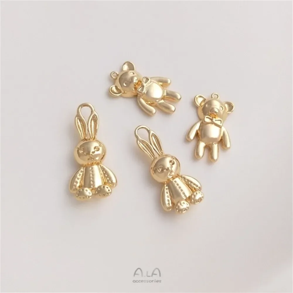 Paquete de oro de 14 quilates, bonito colgante de oso y conejo, joyería hecha a mano, colgante DIY, pulsera, collar, colgante de joyería K171