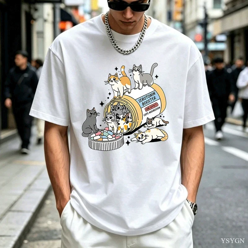 Serotonin Booster Cat T-Shirt Women Men Funny Graphic Cat T Shirts Cat Mom Pet Lover Tee Shirt Casual Short Sleeve Cotton Tshirt