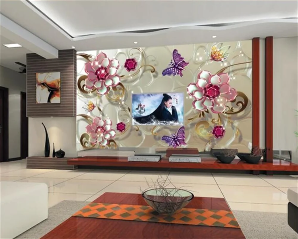 Custom wallpaper 3d photo mural glass crystal flower 3D butterfly love flower stereo background wall papers home decor wallpaper