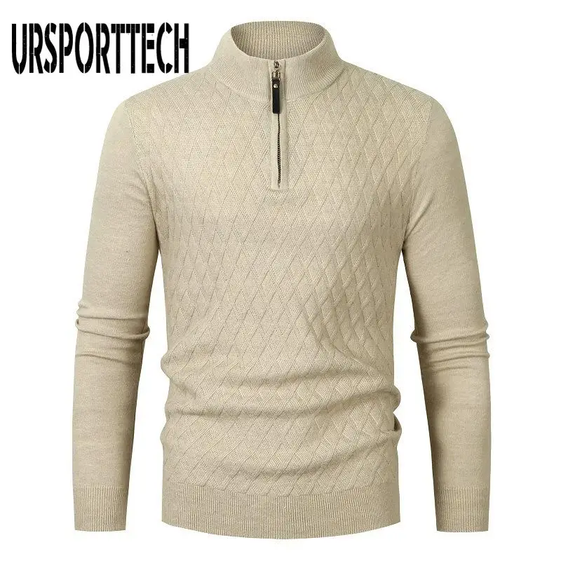 

URSPORTTECH Spring Autumn Men's Sweater Half High Neck Zipper Men's Knitwear Tops Long Sleeved Sweater Men's Tops Bottom Shirt