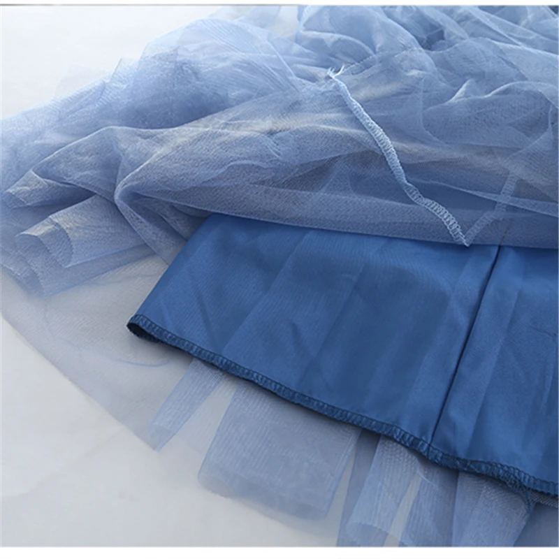 Elegant Children Blue Black Color Long Mesh Wrap Layered Skirt For Teens Girl Fashion A-line Skirt with Mesh Kids Age 5-14 Years