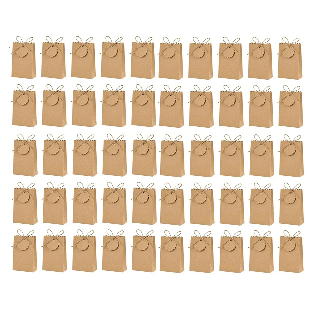ABZT 50Pcs Paper Gift Box with Ribbon Tags Cookie Candy Packaging Bag Wedding Birthday Party Decor Supplies Brown