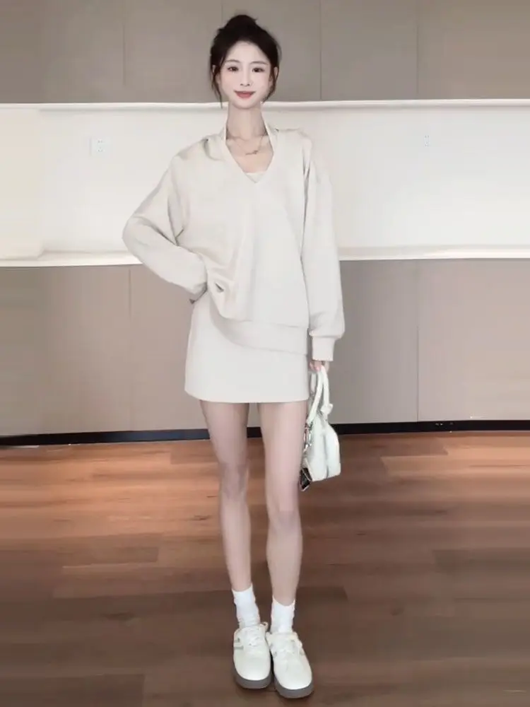 2025 New Korean Sle Loose Feel Sweatirt Set Dr Women Early Autumn High End Sensation ort Skirt Faionable Outfit
