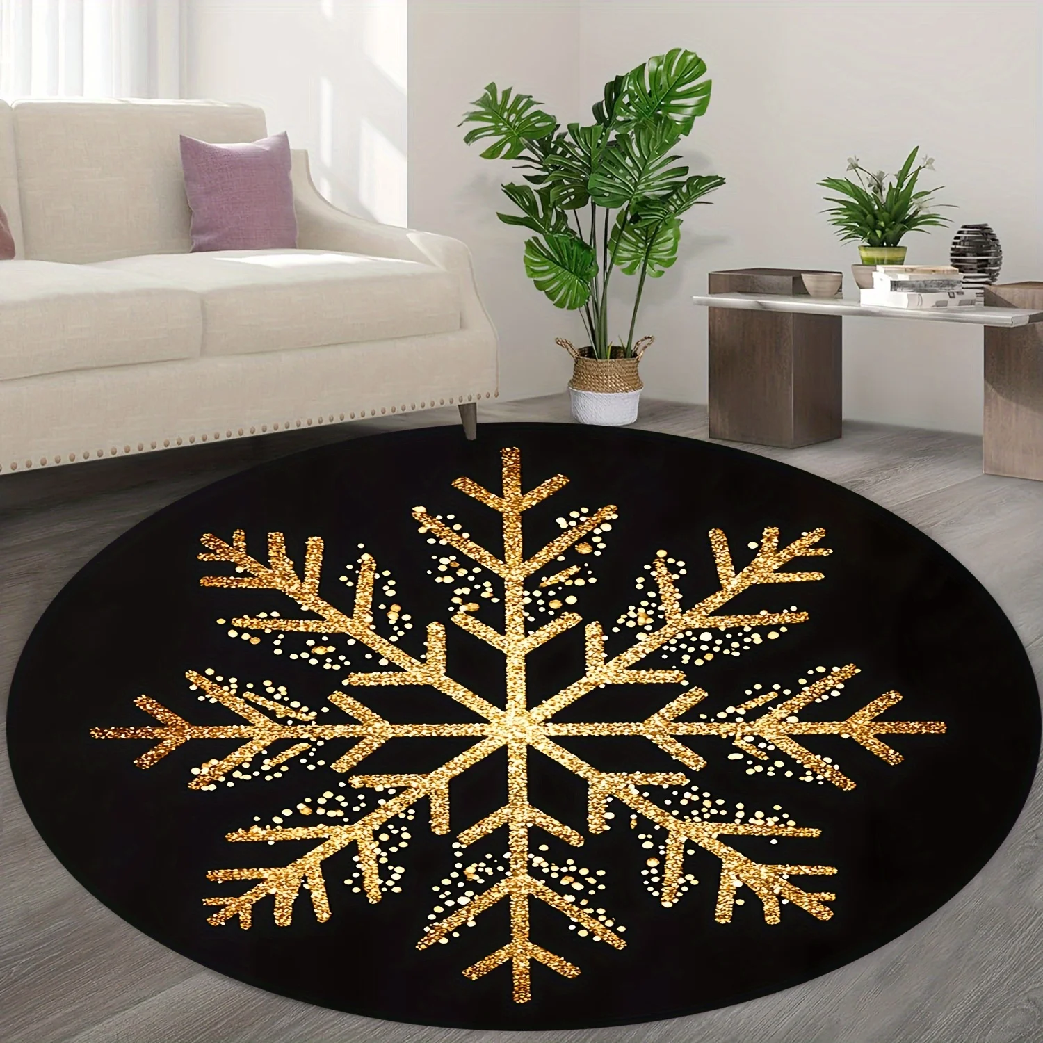 [2D Flat]Carpet with a Christmas Theme, Featuring a Round Area Design with Golden Snowflakes.  Suitable for Home Decor in Living Rooms And Bedrooms.