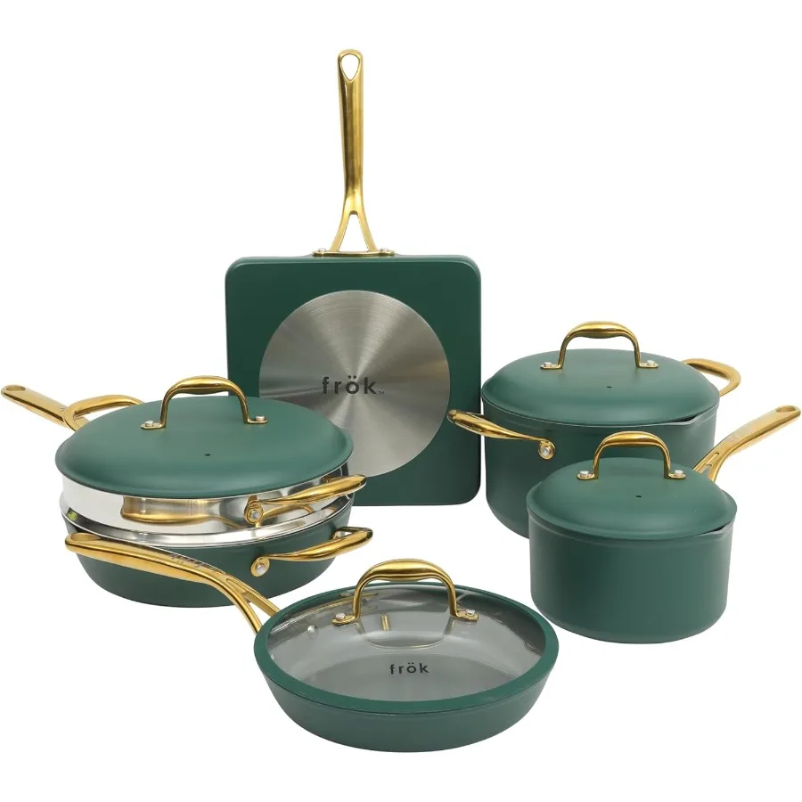 

Frok Набор из 10 кастрюль и сковородок толщиной 4 мм, быстро нагреваемый алюминиевый набор посуды с керамическим антипригарным покрытием премиум-класса без PFA, внутренняя термостойкость