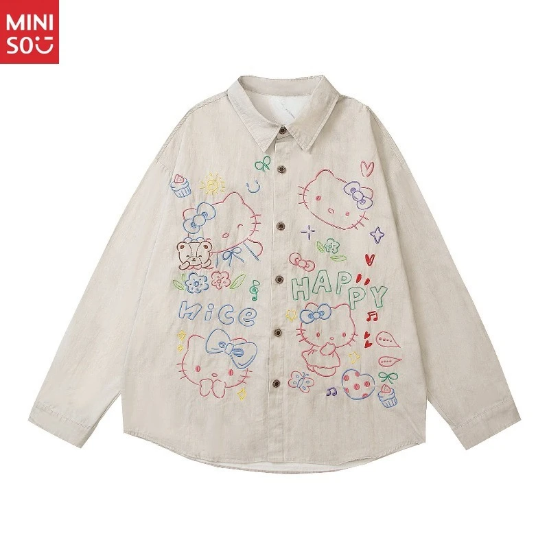 

Miniso American Retro Cartoon Embroidery Shirt 2025 Fall Unisex Long Sleeve Loose Casual Couple Top Blouses