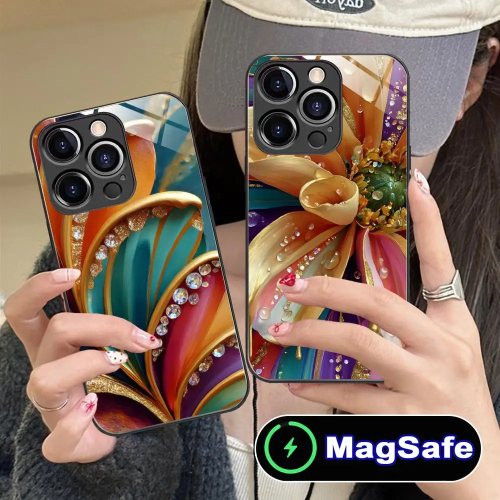 

Чехол для телефона Golden Flowers для iPhone 17 16 15 14 13 12 11 Air Pro Max Plus Mini, стеклянный, цветной, с поддержкой MagSafe, красивый