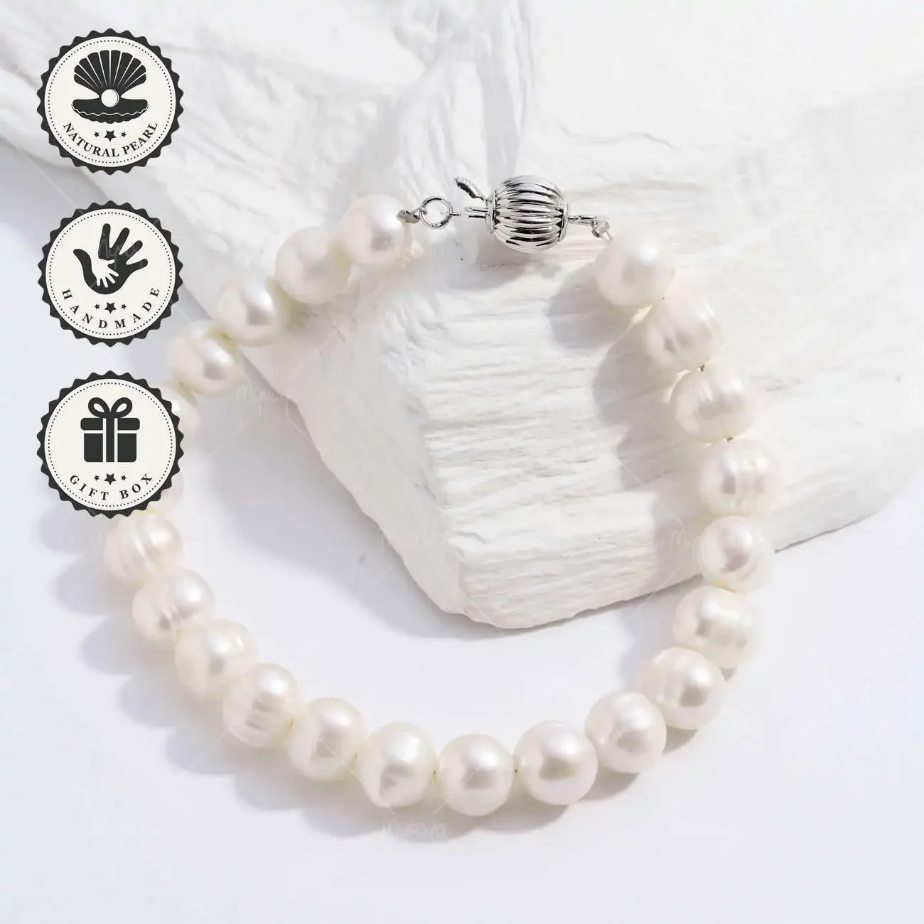 

MYSOYA Браслет из белого пресноводного жемчуга 8-9 мм с застежкой-фонариком, подарочной коробкой, идеальный подарок на день рождения и годовщину