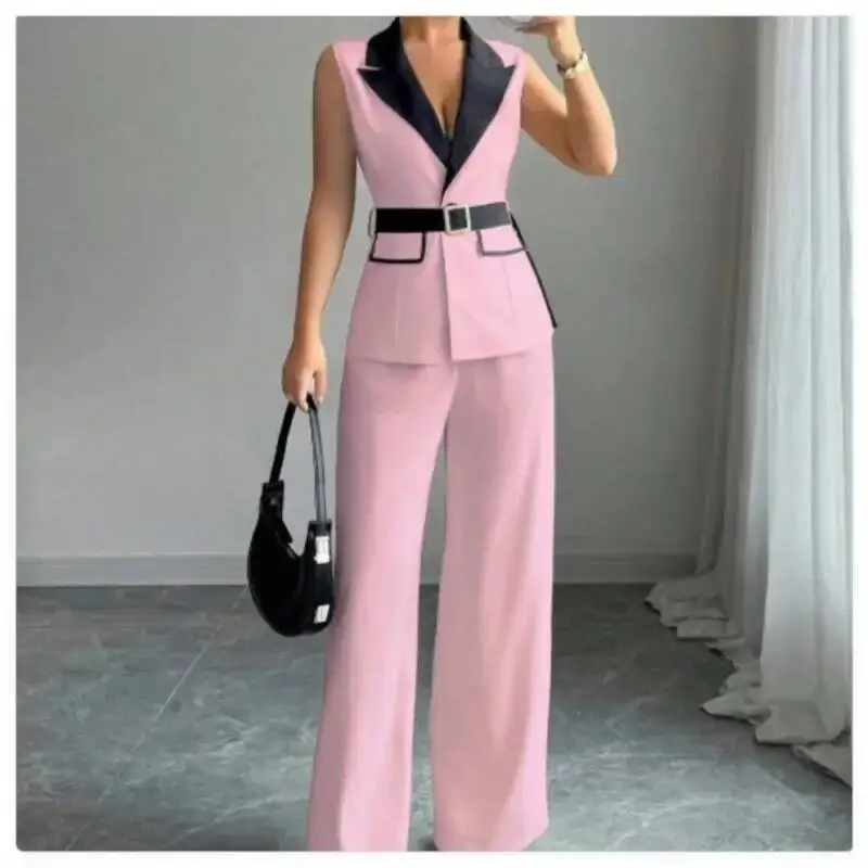 

Women Vest Suit Wideleg Pants 2 Piece Sets Coat Sleeveless Jacket Belt Tight Waist Outfits Trousers Elegant Office Lady Ensemble
