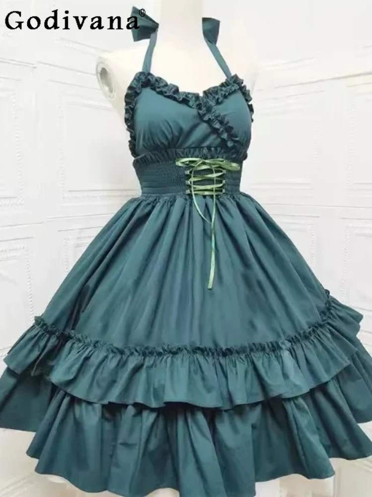 

Spring Summer New Retro Elegant Lolita Suspender Dresses Fashion High Waist A-line Versatile Age Reduction V-neck Princess Dress