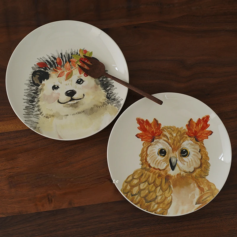 

Cute Animal Round Owl Hedgehog Underglaze 8.5 Inch Ceramic Western Food Plate Steak Plate Dinner Tableware