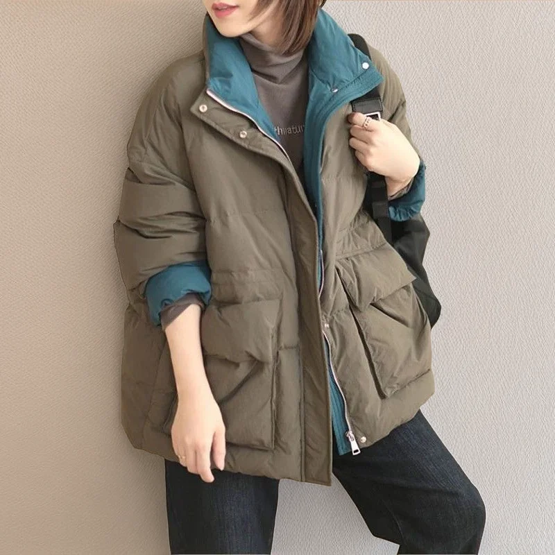 Winter New Spliced Down Coat Women Short White Duck Down Windproof Standing Collar Loose Thickened Warm Casual Coat