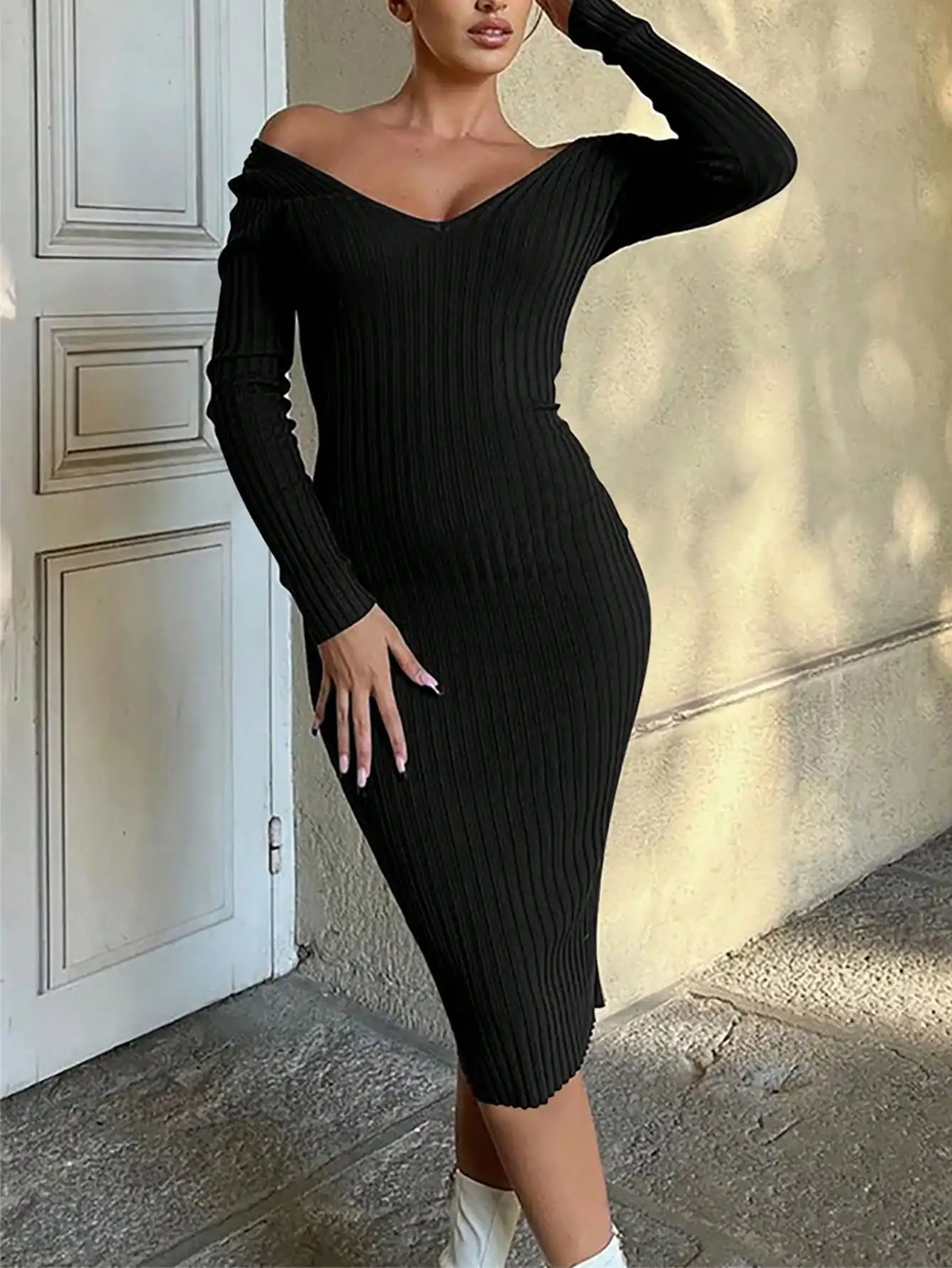Women off shoulder V neck ribbed knit bodycon midi dress for night out party glamorous fall outfit AliExpress