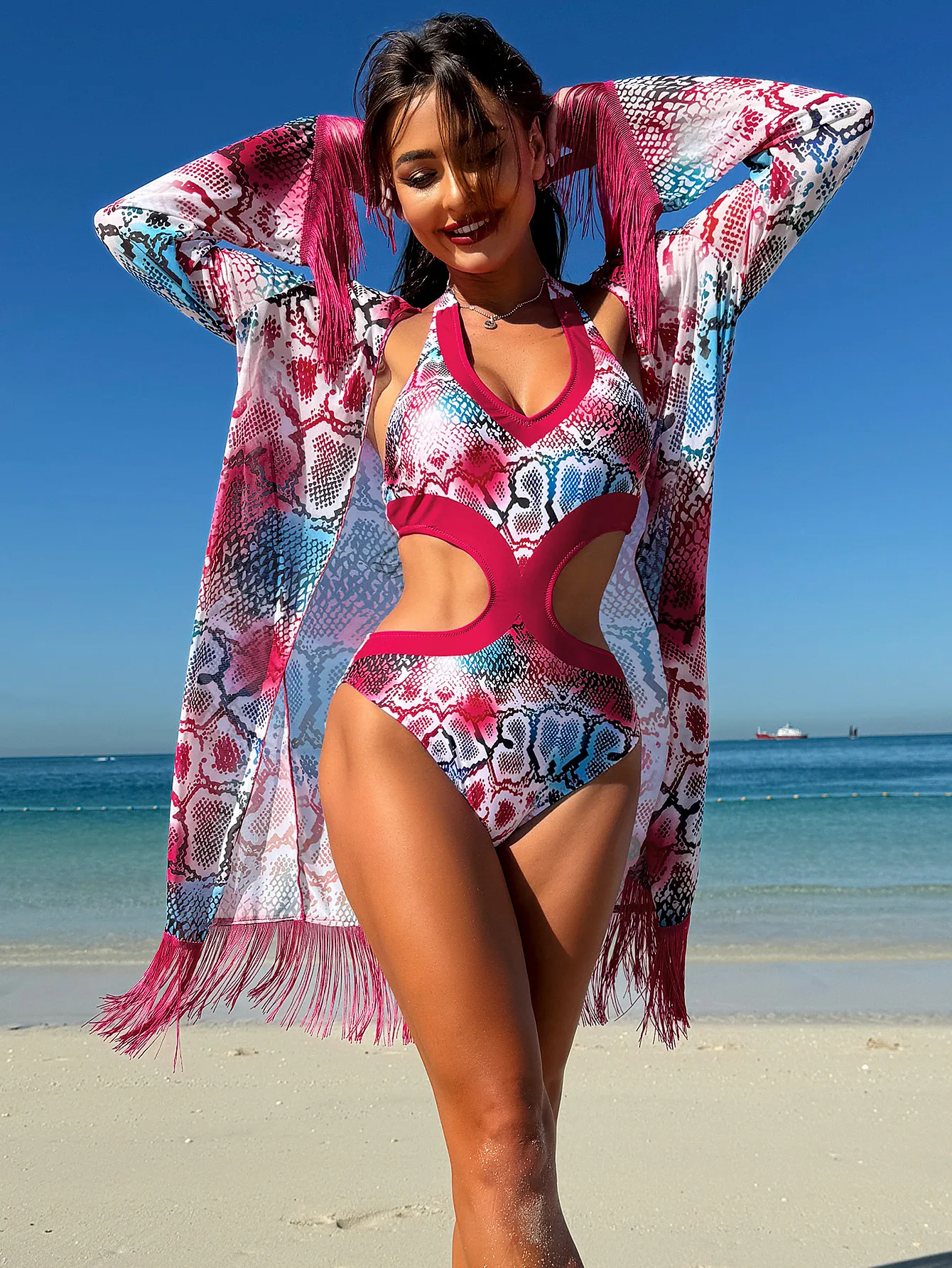 New fashionable printed one piece draped two-piece swimsuit for women