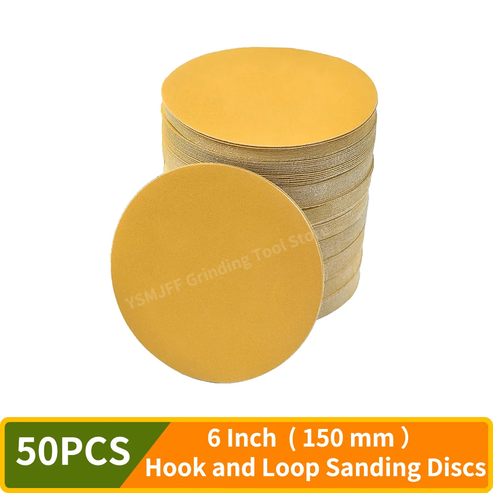 50PCS 6 Inch/150mm Sanding Discs Hook and Loop Aluminum Oxide Gold Sanding Discs for Automotive and Woodworking , 6” Sander