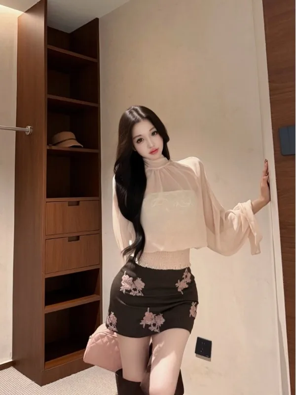 2026 New Lazy Style Double-Sided Wear Pleated Waist Cinching Chiffon Top Cover up  Skirt Set Women's Fashion Casual Wear