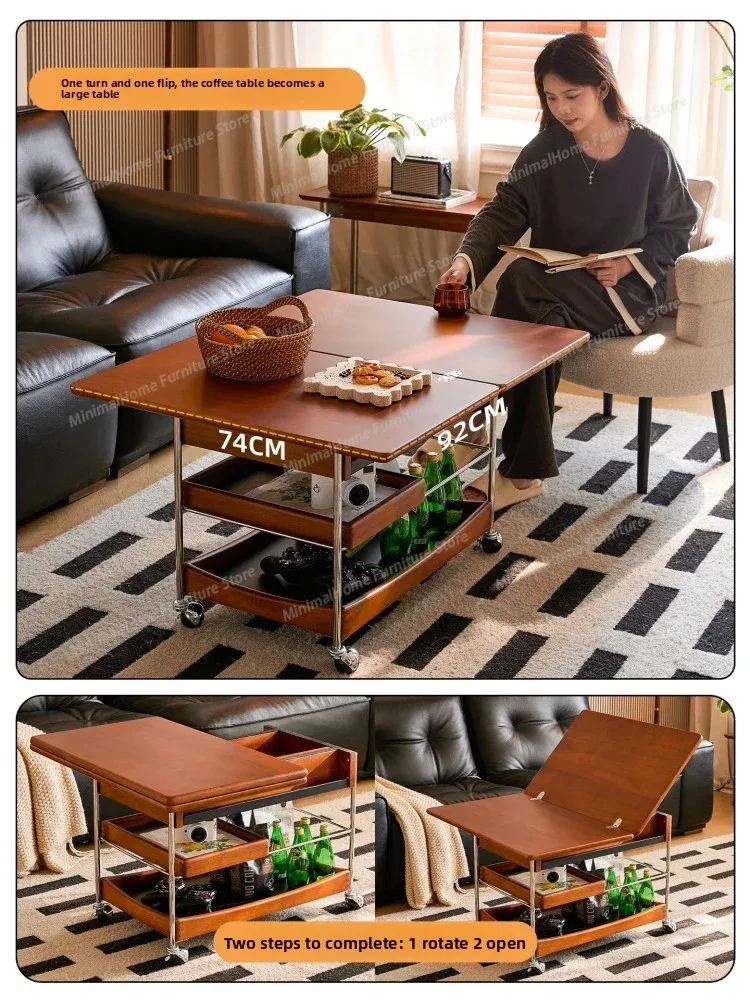 Solid wood coffee table household living room balcony movable folding coffee table