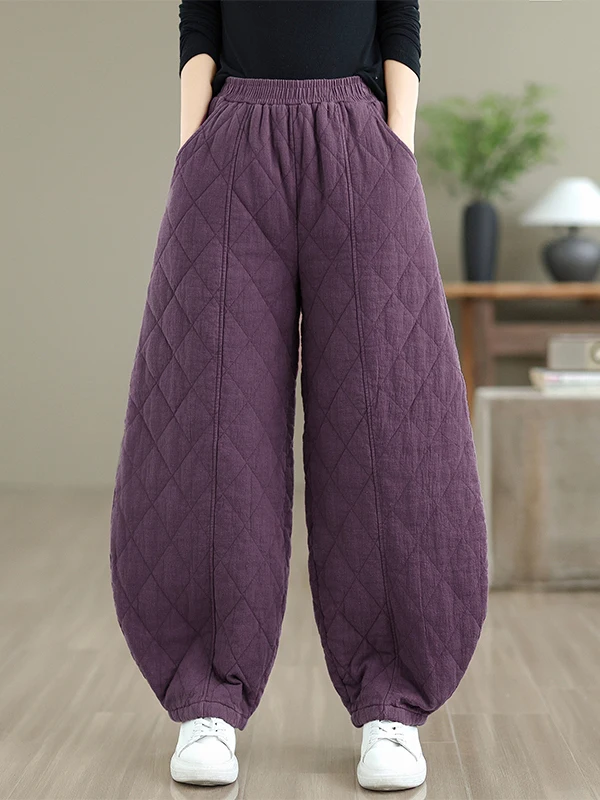 سراويل نسائية من القطن ثينيد عالية الخصر سراويل طويلة فانوس ملابس خارجية شتوية فايون ريترو خياطة الماس نمط الدفء #1