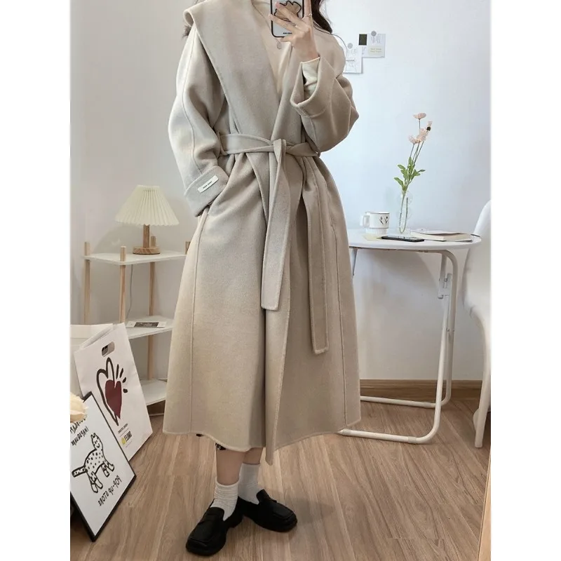 

Двустороннее шерстяное пальто, элегантная пригородная тонкая куртка с длинным поясом, зимняя высококачественная свободная шерстяная куртка с большим воротником для женщин