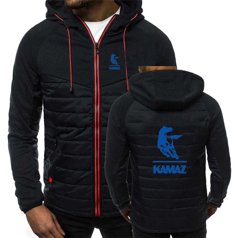 2024 Spring Autumn KAMAZ TRUCK Logo Print Solid Color Patchwork Cotton Jacket Men's Popular Drawstring Design Hooded Trendy Coat